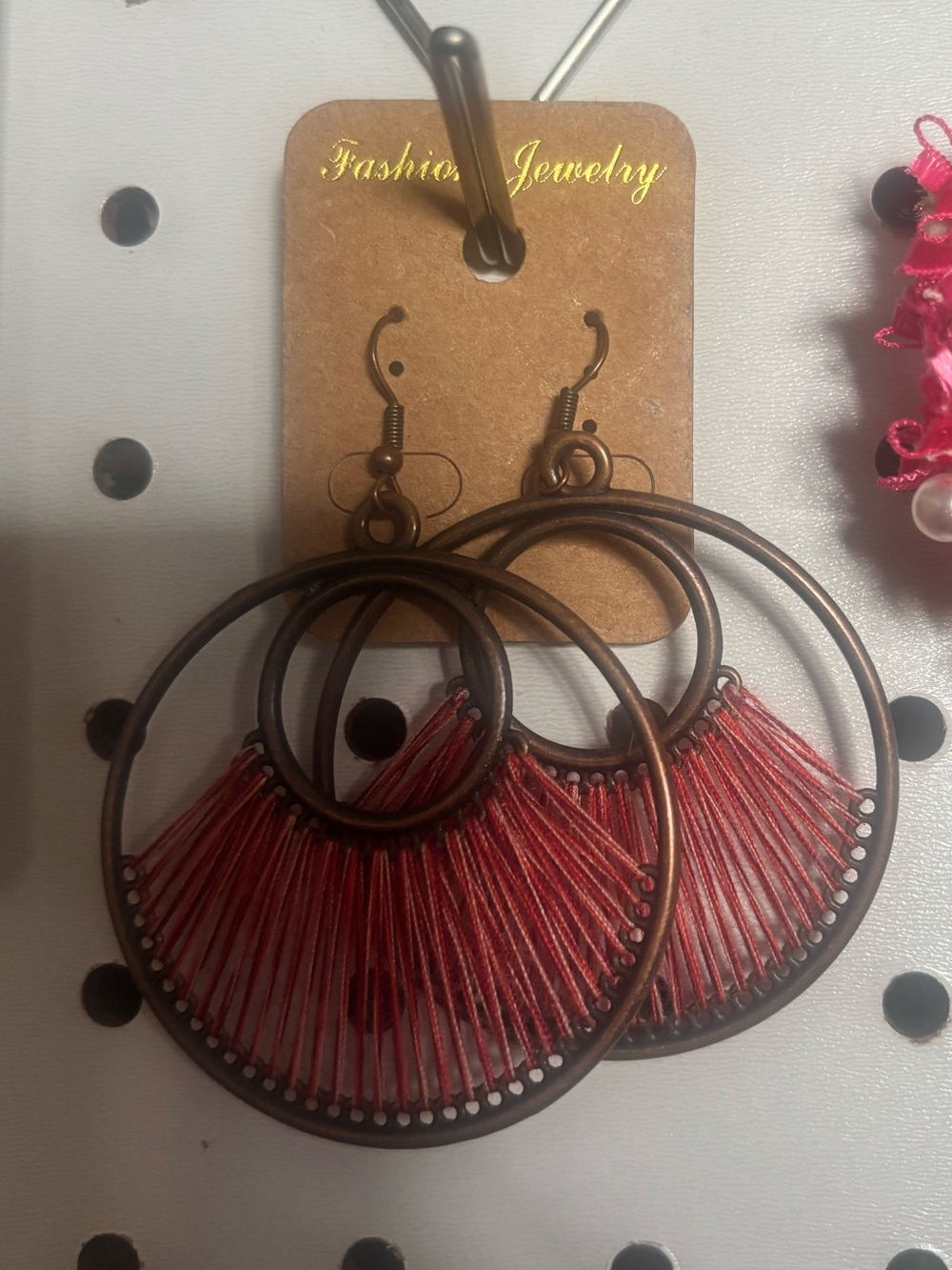 Fashion Jewelry Burgundy Thread Fringe Hoop Earrings